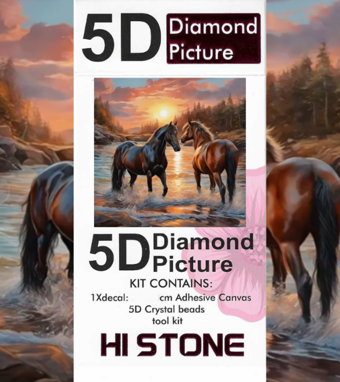 ערכת תמונת יהלומים 5D HI STONE - סוסים בנחל בשקיעה - 20x20 ס