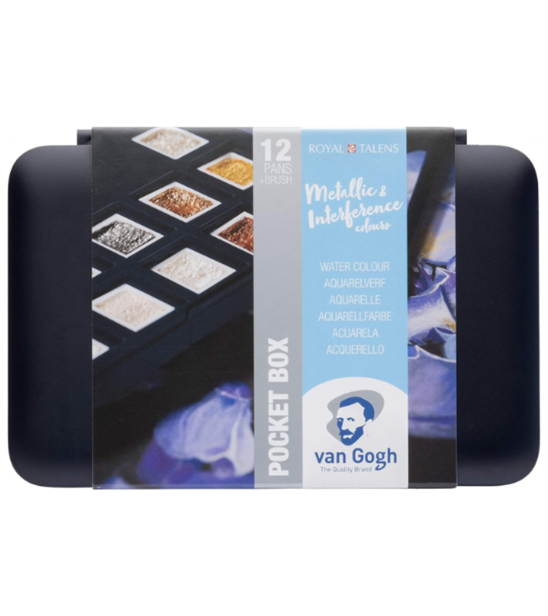 סט צבעי מים מטאליים ואינטרפרנס 12 צבעים Pocket Box - Van Gogh