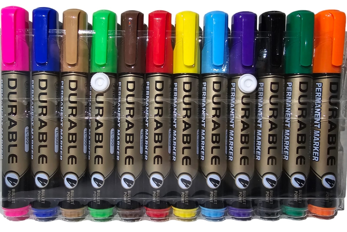 סט טושים פרמננטיים עם ראש עגול - 12 צבעים Durable