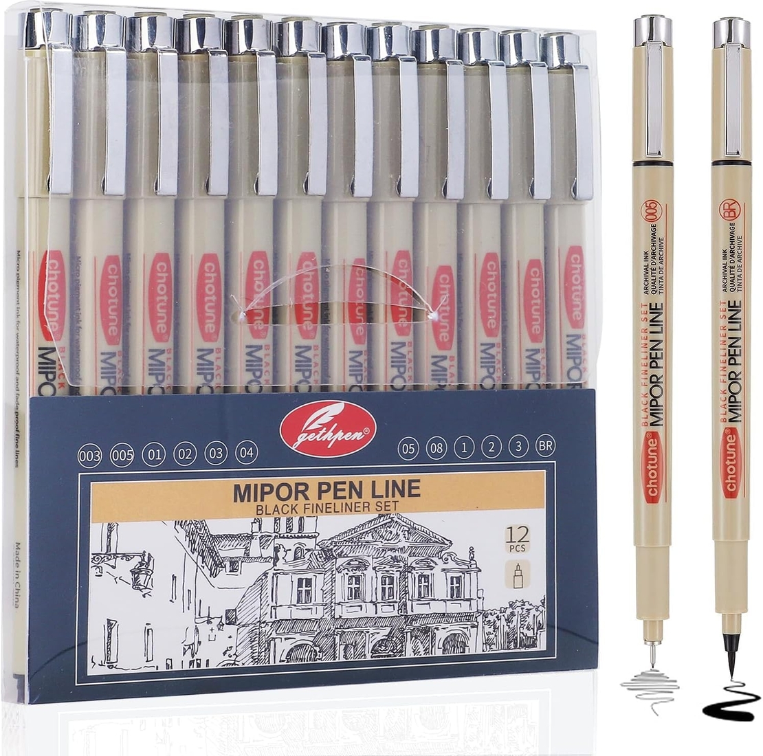 סט 12 עטי פיינליינר שחור Mipor Pen Line