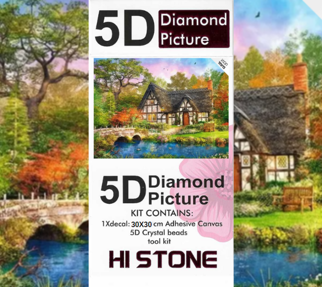 ערכת תמונת יהלומים 5D HI STONE - בית כפרי ונחל - 30x40 ס