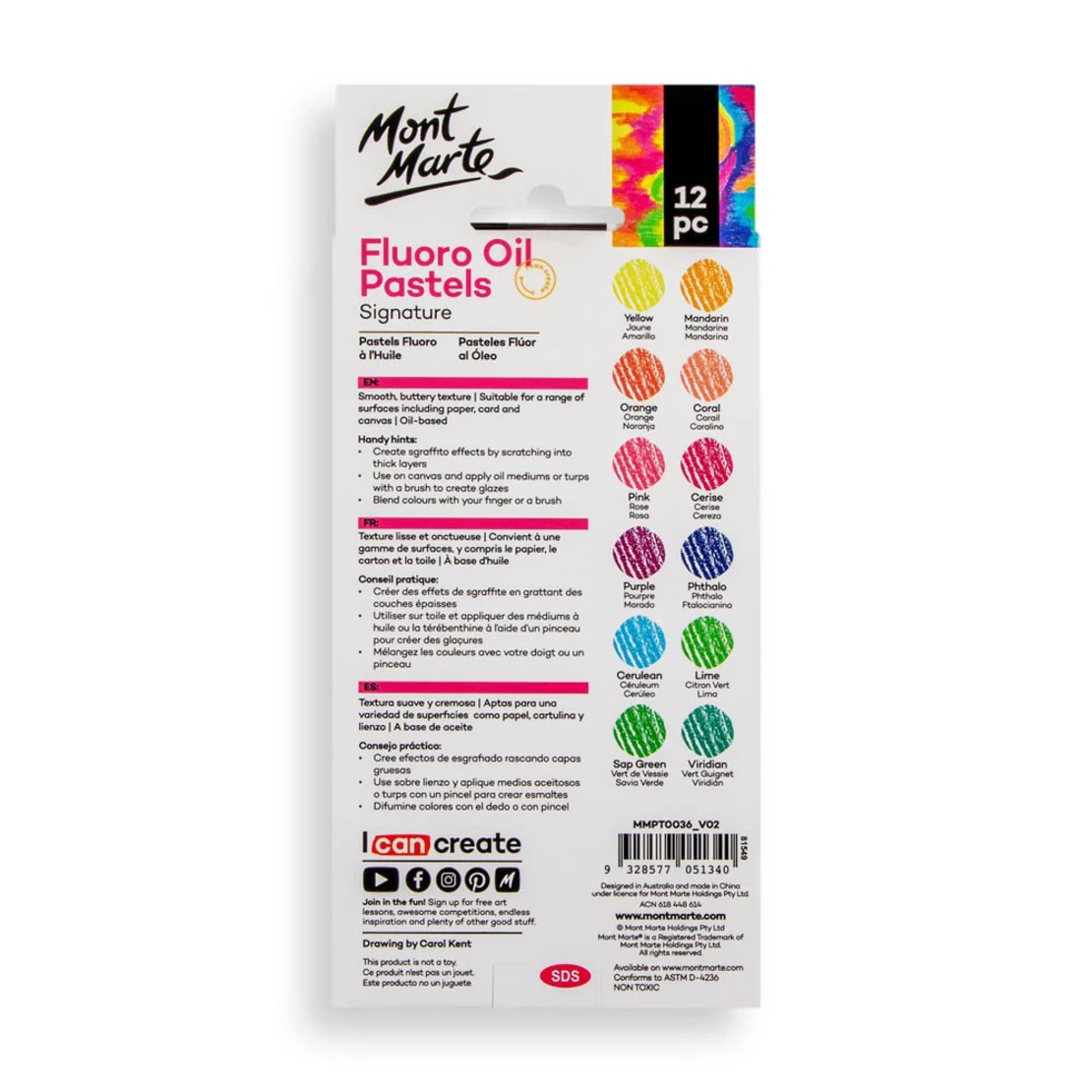 סט גירי פסטל שמנוניים זוהרים– סט 12 גוונים  Mont Marte Fluoro Oil Pastels