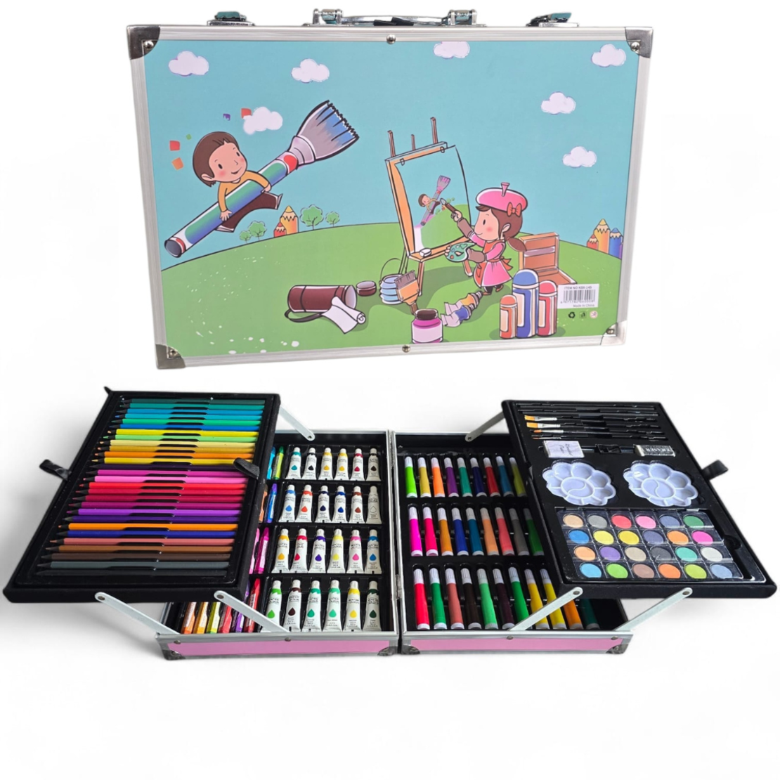 סט ציור מקצועי 145 חלקים במזוודה – ערכת יצירה מלאה לילדים ולמתחילים