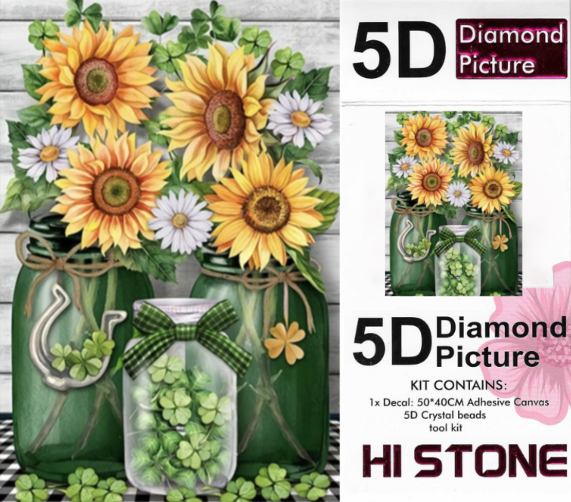 ערכת תמונת יהלומים 5D HI STONE - חמניות ודייזיות בצנצנות - 50x40 ס