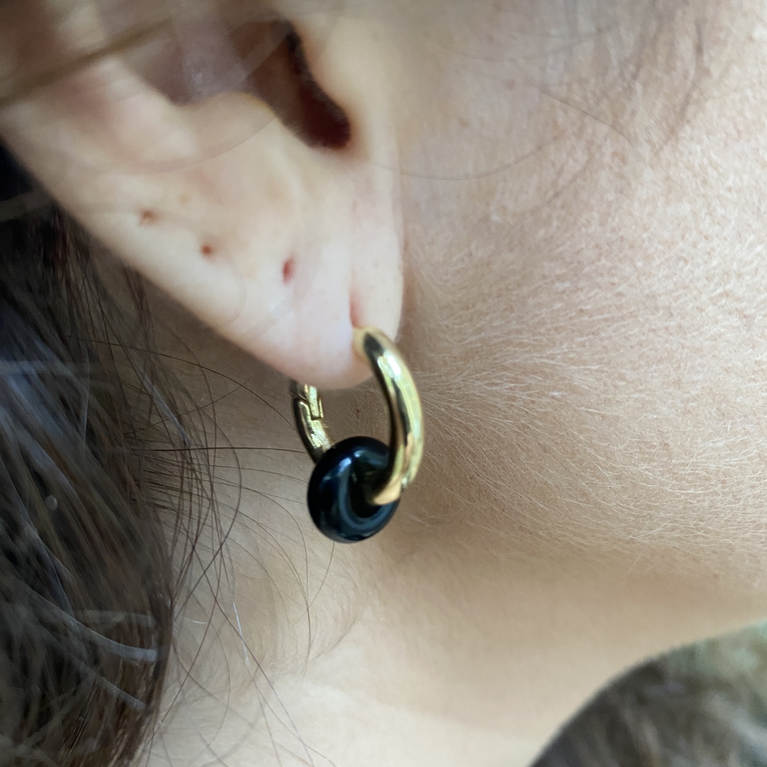 Gold plated hoop earrings with a stone bead - black onyx