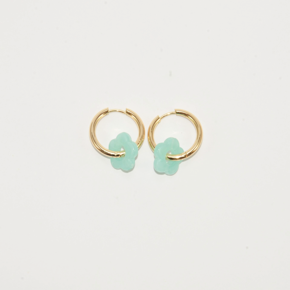 Gold plated hoop earrings with a stone bead - light blue flower