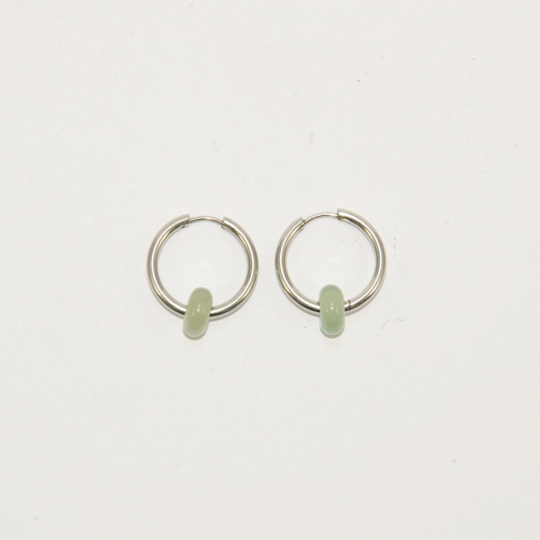 Silver plated hoop earrings with a stone bead - light green