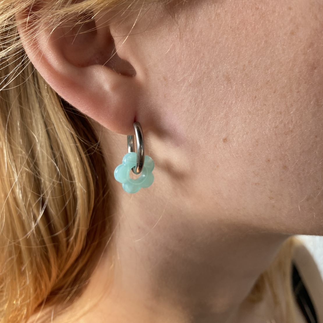 Silver plated hoop earrings with a stone bead - light blue flower