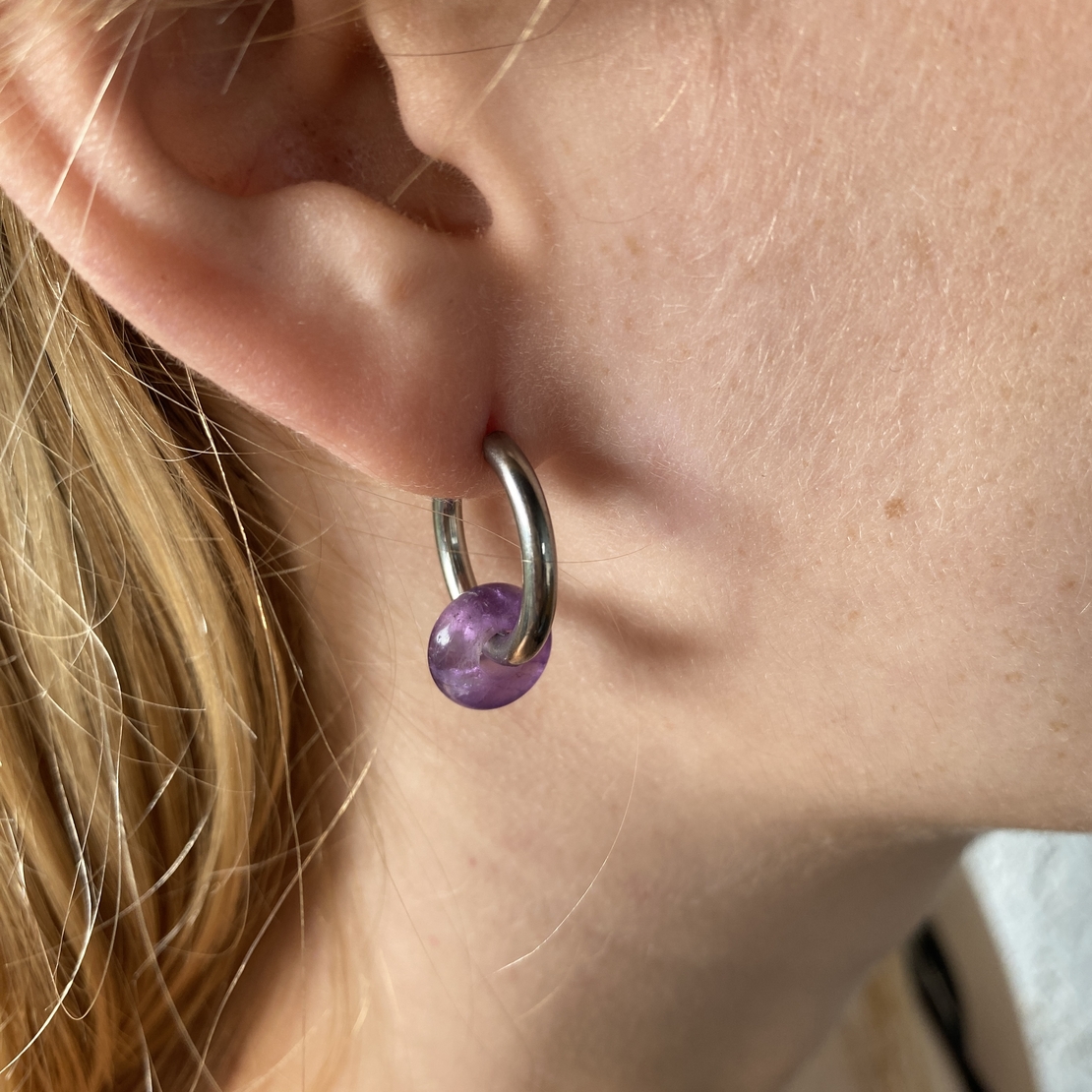 Silver plated hoop earrings with a stone bead - amethyst