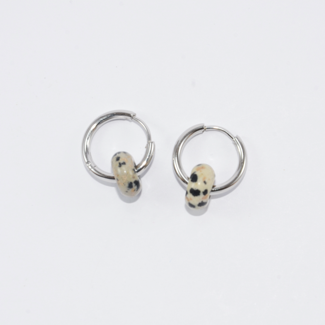 Gold plated hoop earrings with a stone bead - dalmatian