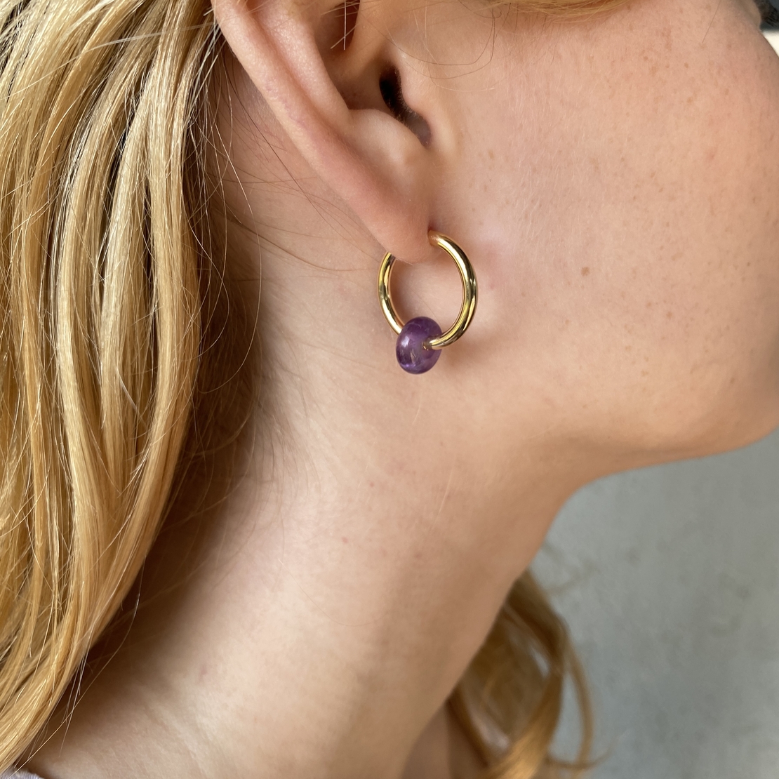 Gold plated hoop earrings with a stone bead - amethyst