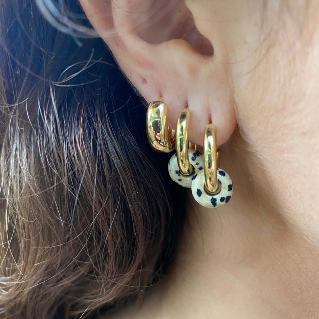 Gold plated hoop earrings with a stone bead - dalmatian