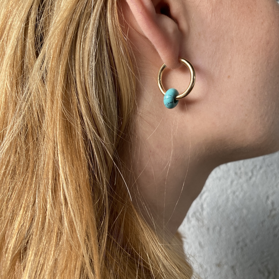 Gold plated hoop earrings with a stone bead - turquoise