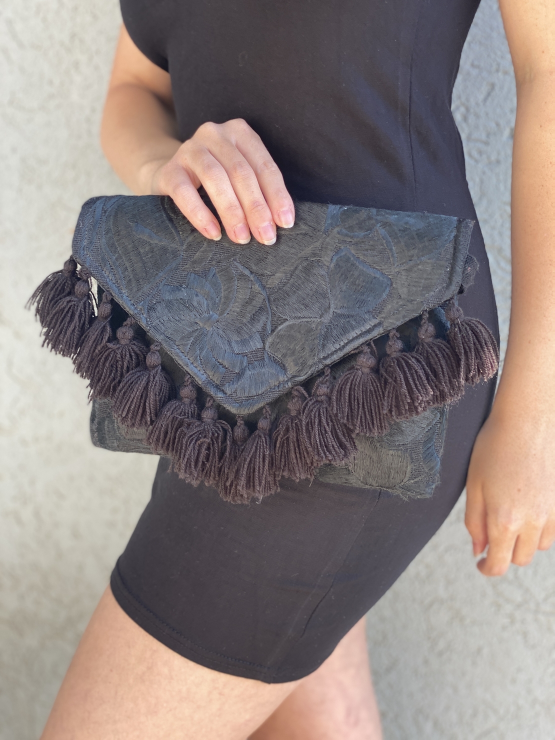 Handbag - black pom poms