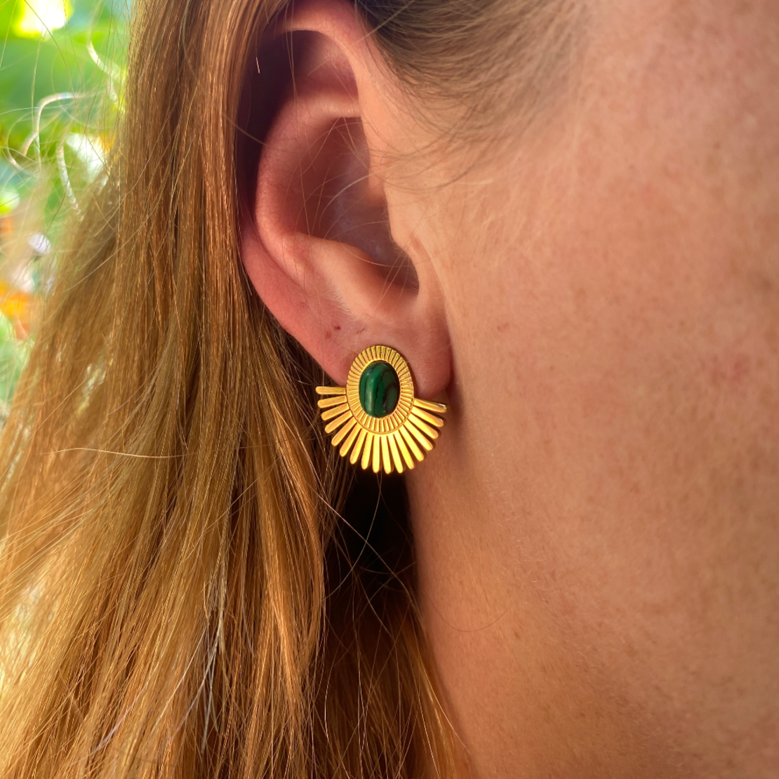 Clip earrings with green malachite stone