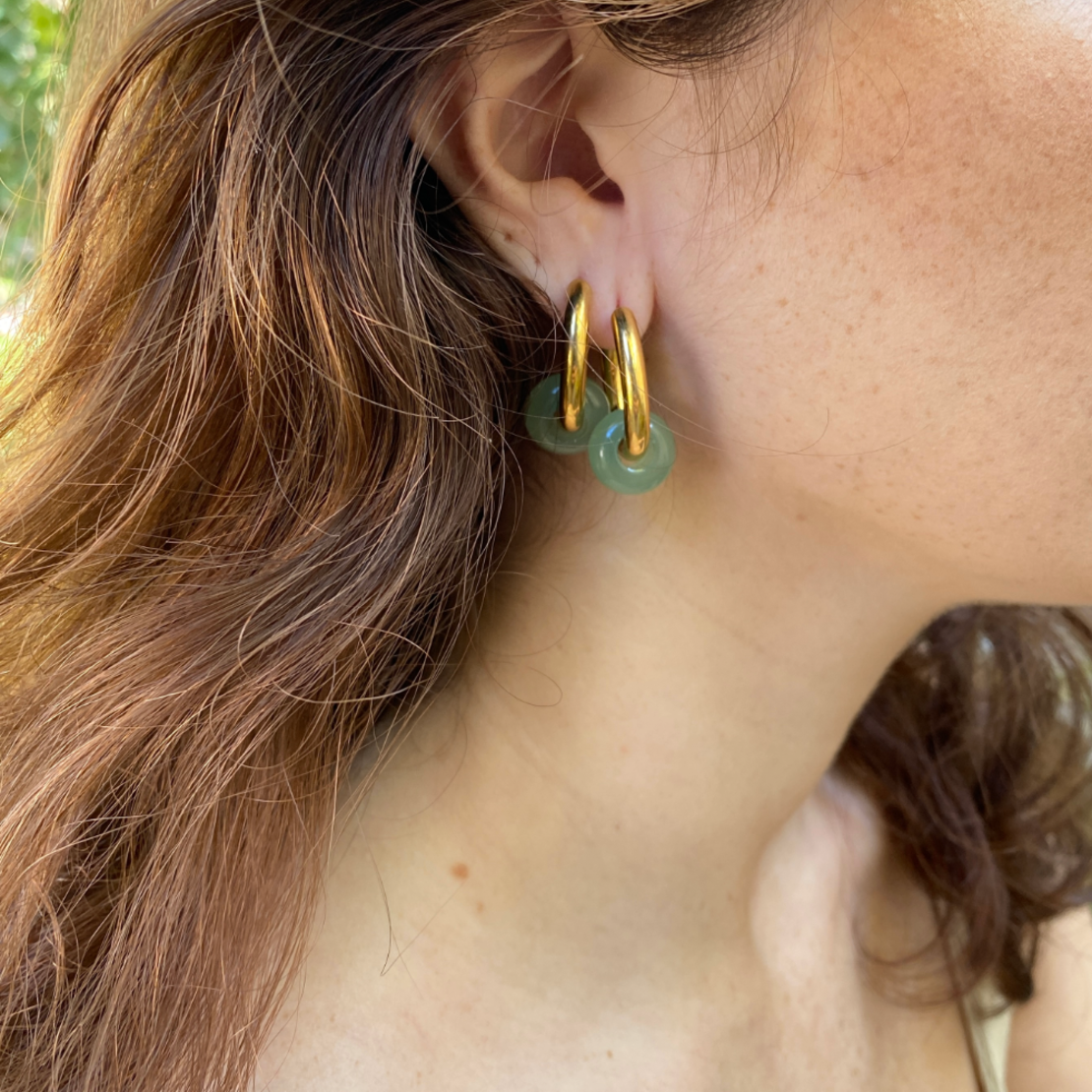 Gold plated hoop earrings with a stone bead - light green