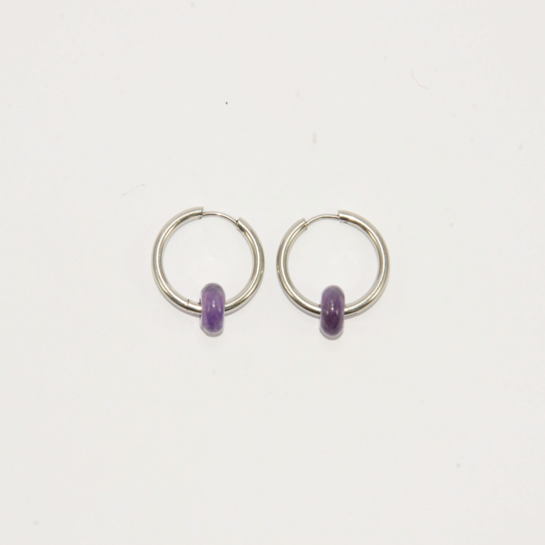 Silver plated hoop earrings with a stone bead - amethyst