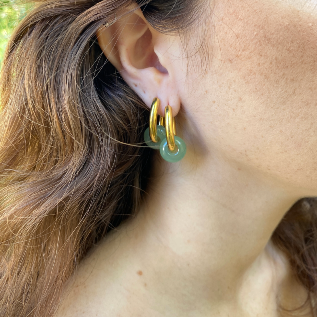 Gold plated hoop earrings with a stone bead - light green