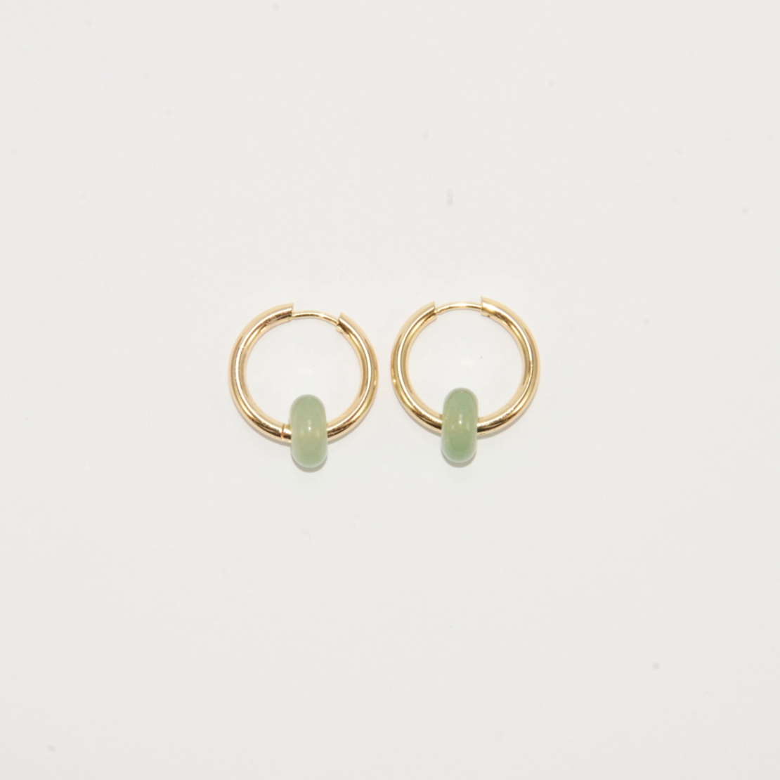 Gold plated hoop earrings with a stone bead - light green