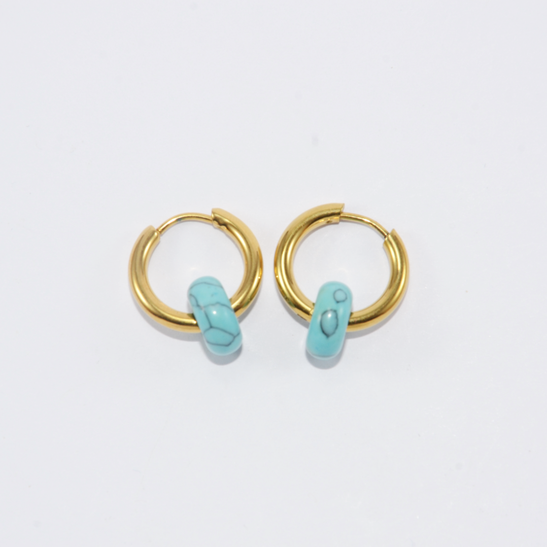 Gold plated hoop earrings with a stone bead - turquoise