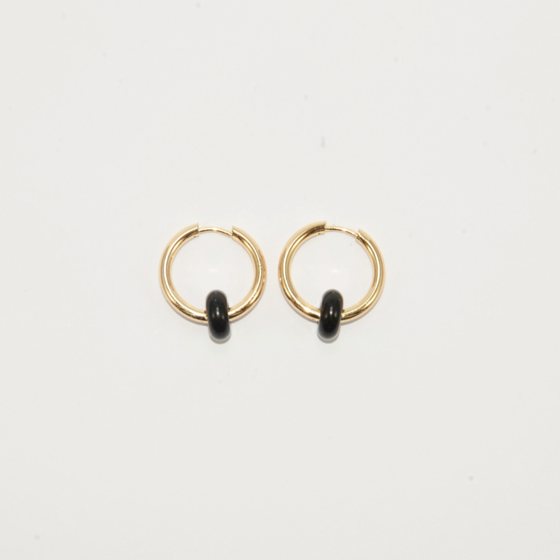 Gold plated hoop earrings with a stone bead - black onyx