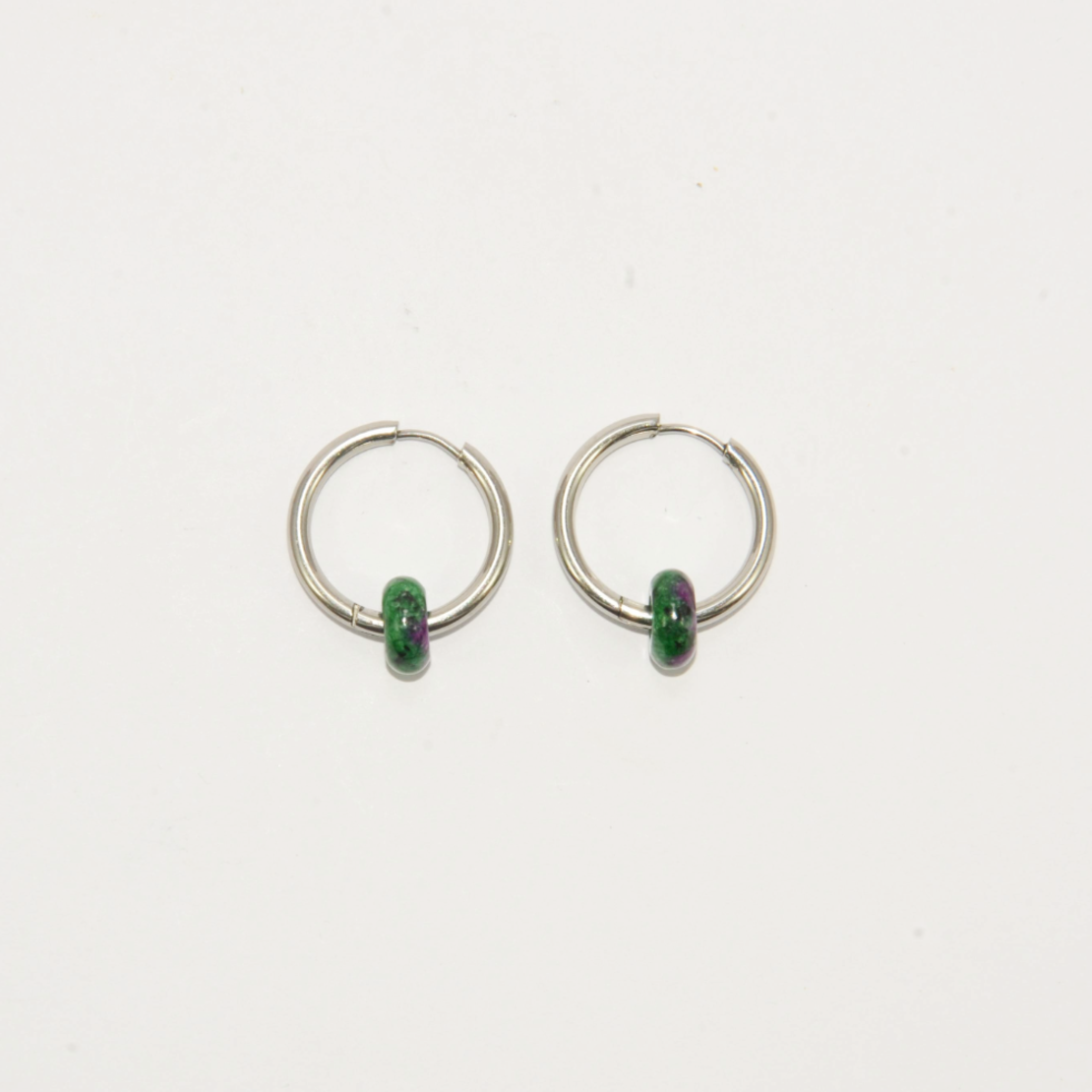 Silver plated hoop earrings with a stone bead - green purple