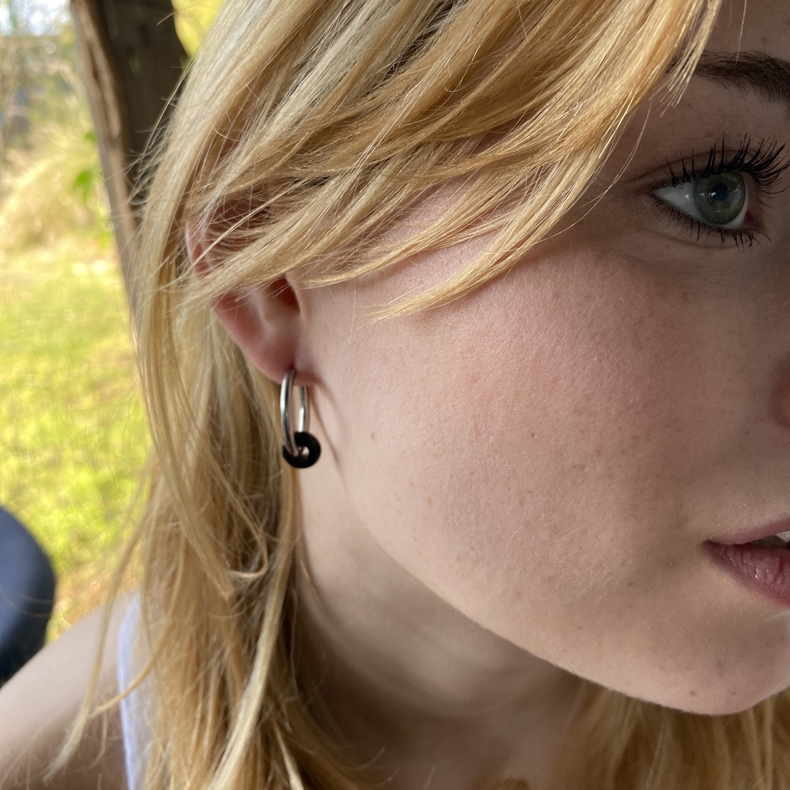 Silver plated hoop earrings with a stone bead - black onyx