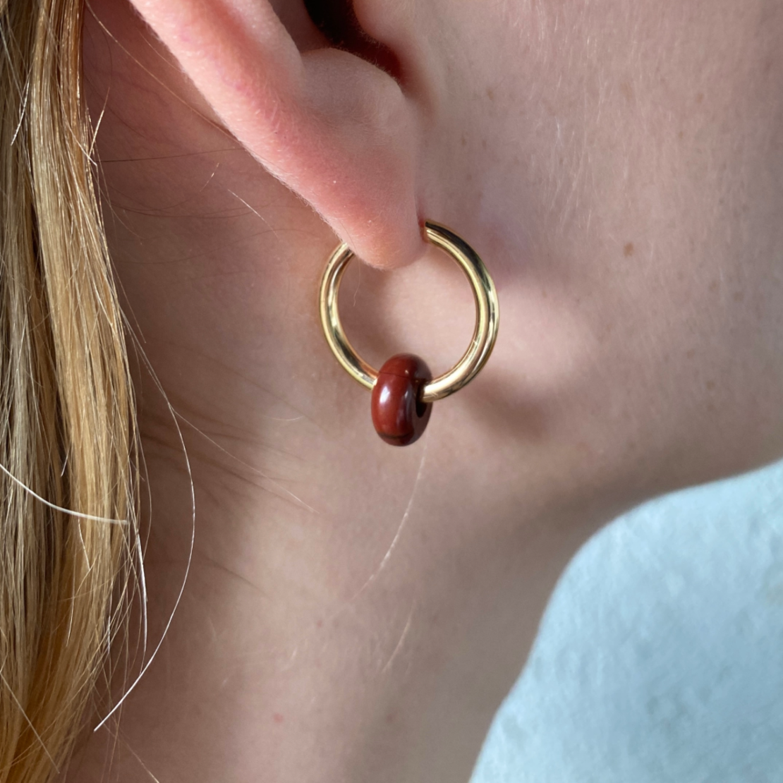 Gold plated hoop earrings with a stone bead - wine red