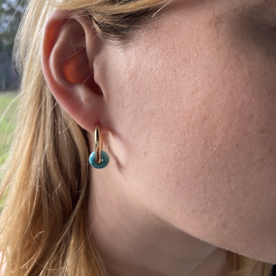 Gold plated hoop earrings with a stone bead - turquoise