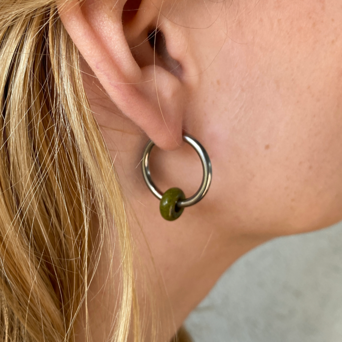 Silver plated hoop earrings with a stone bead - india green