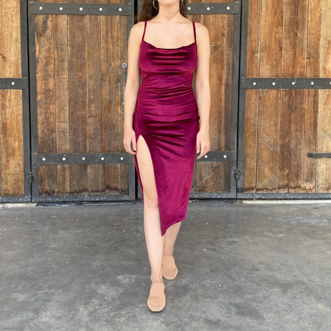 wine red velvet dress