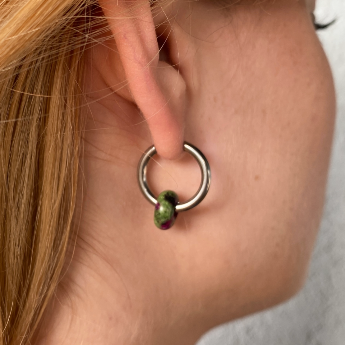 Silver plated hoop earrings with a stone bead - green purple