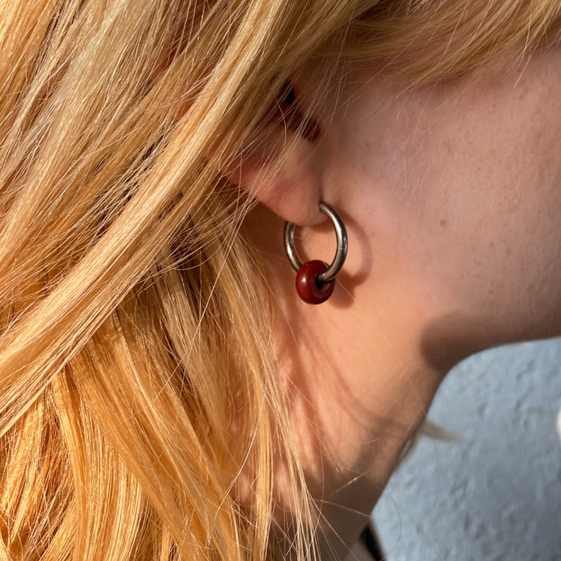 Silver plated hoop earrings with a stone bead - wine red