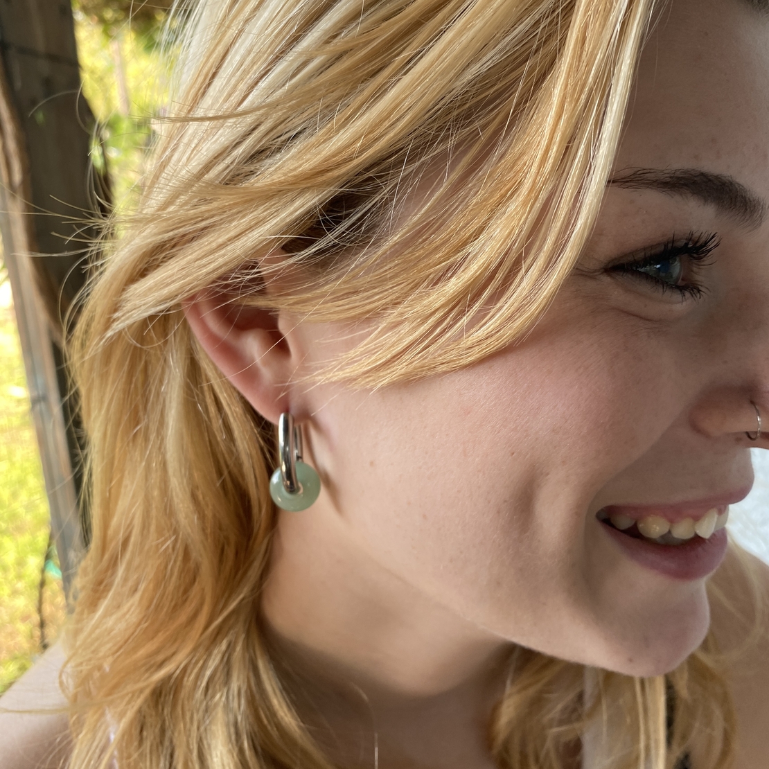 Silver plated hoop earrings with a stone bead - light green