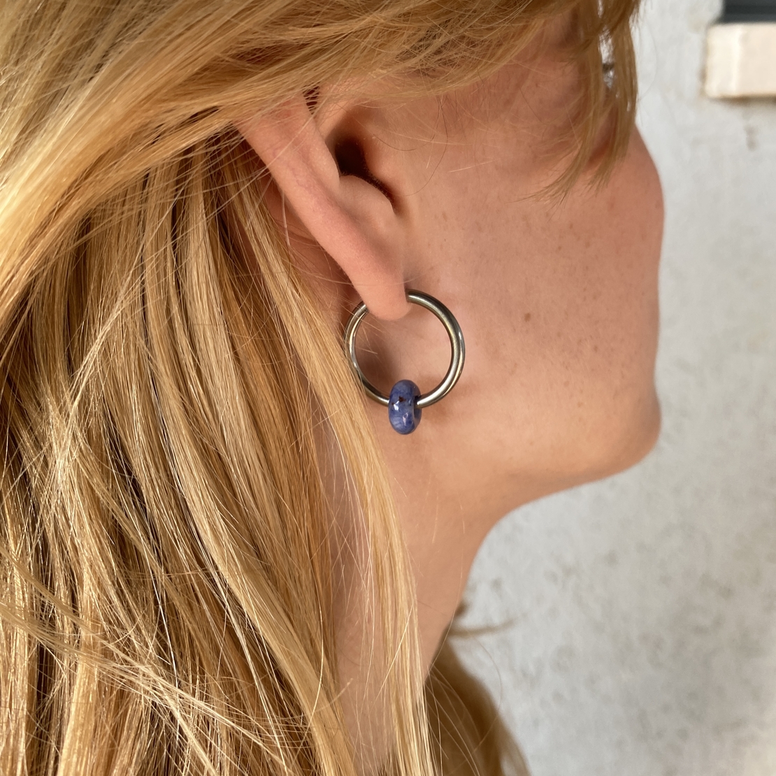 Silver plated hoop earrings with a stone bead - sky blue