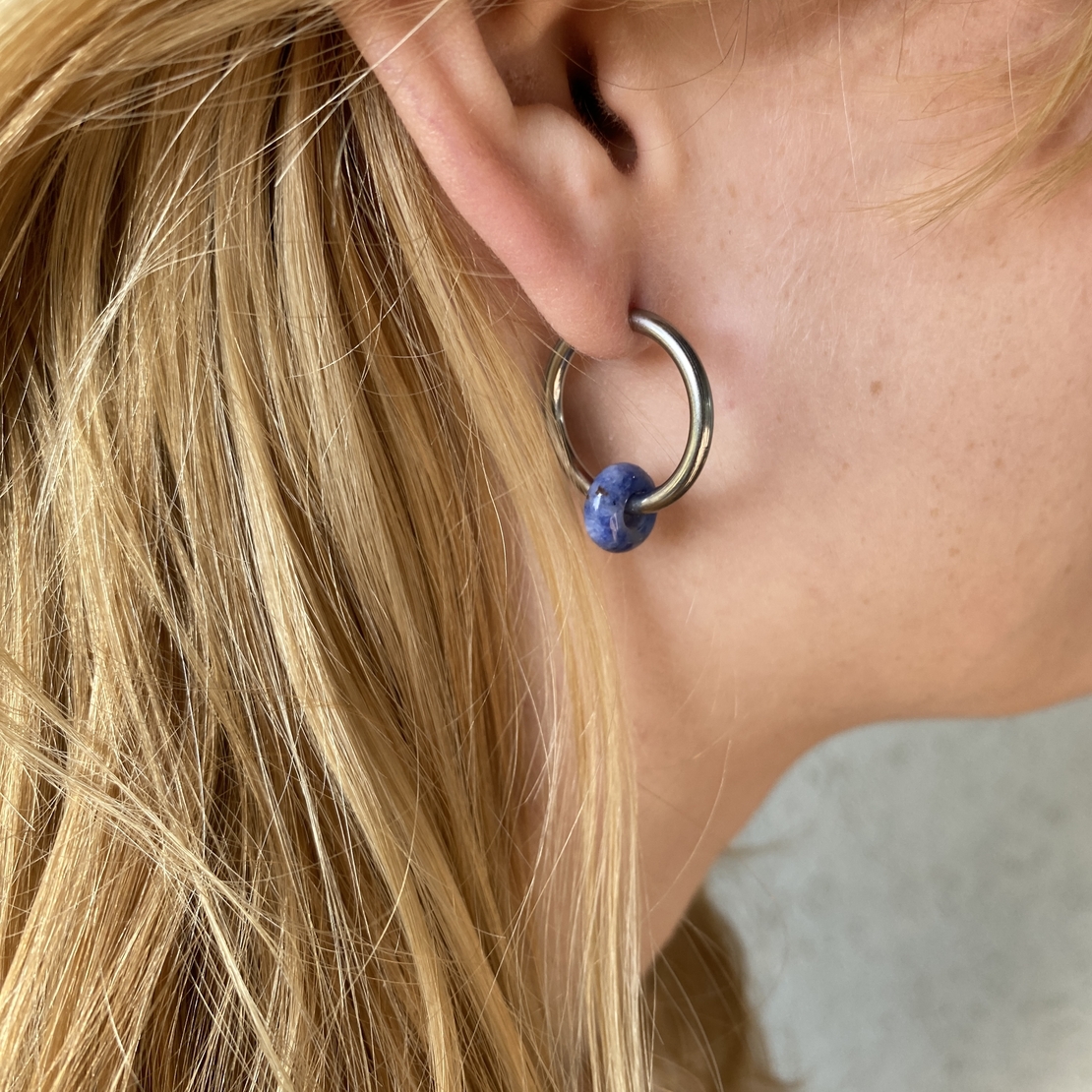 Silver plated hoop earrings with a stone bead - sky blue