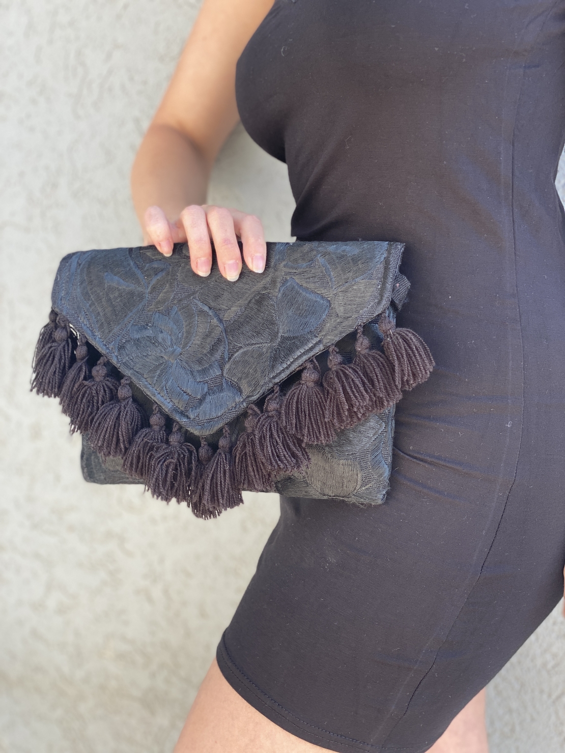 Handbag - black pom poms