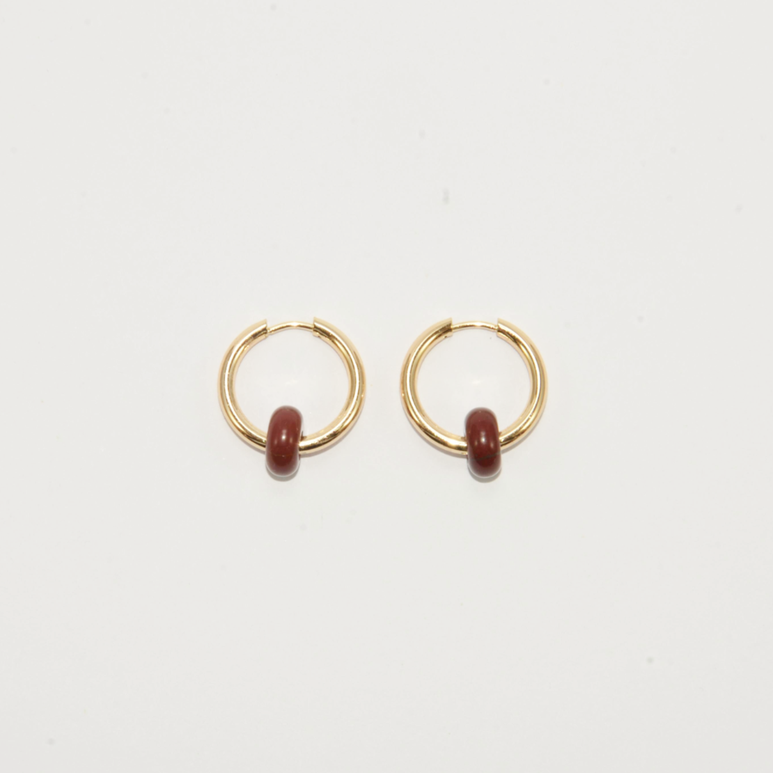 Gold plated hoop earrings with a stone bead - wine red