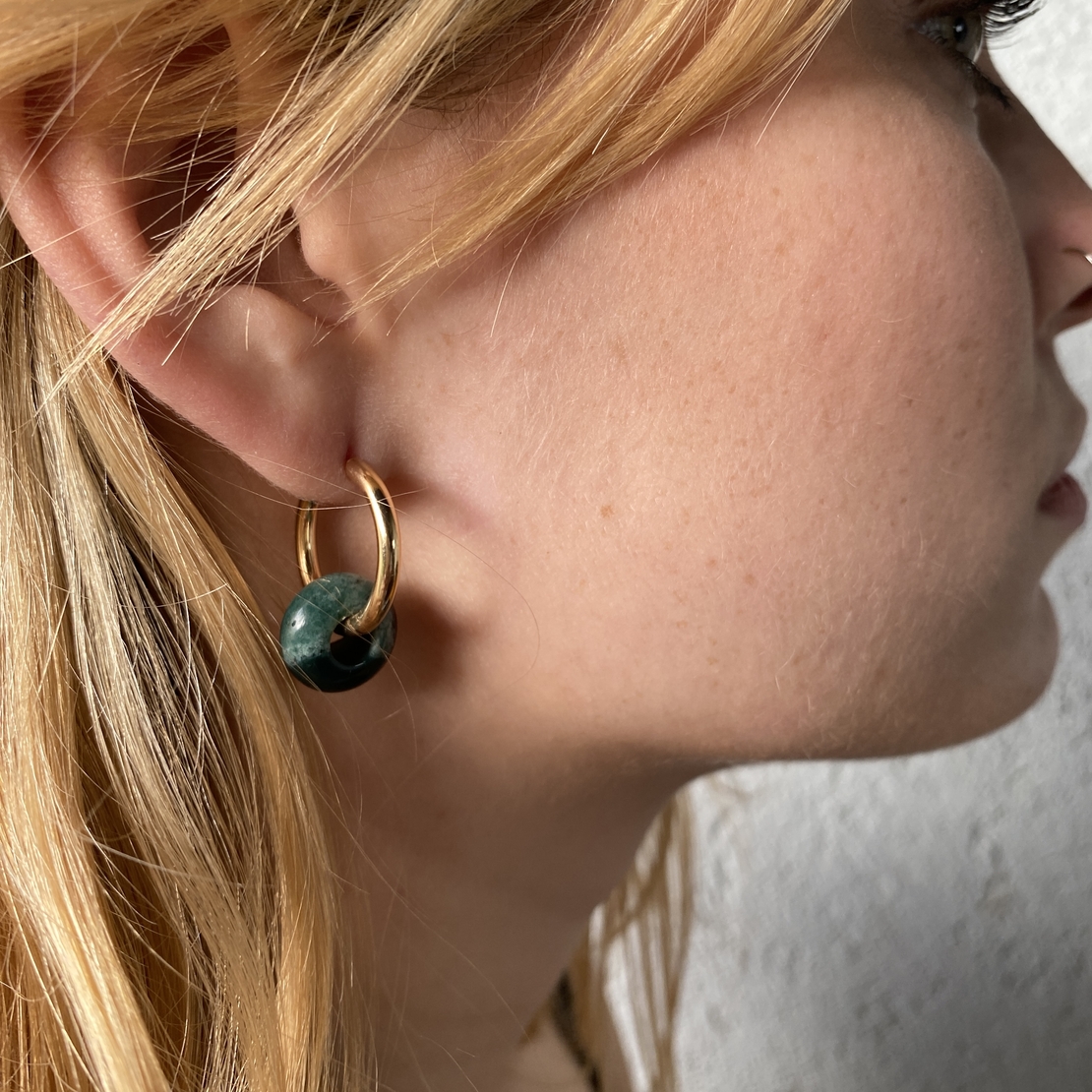 Gold plated hoop earrings with a stone bead - sea green