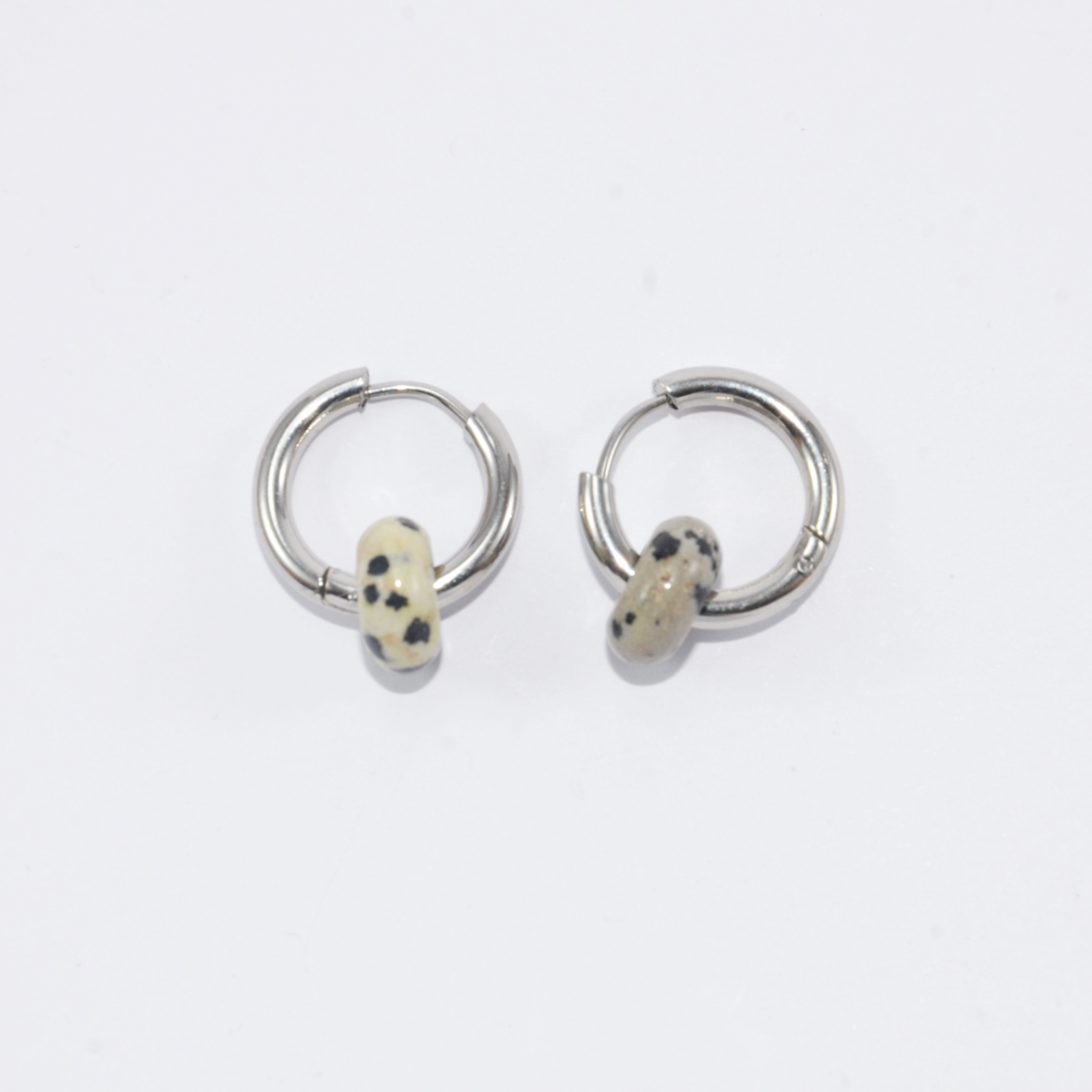 Gold plated hoop earrings with a stone bead - dalmatian