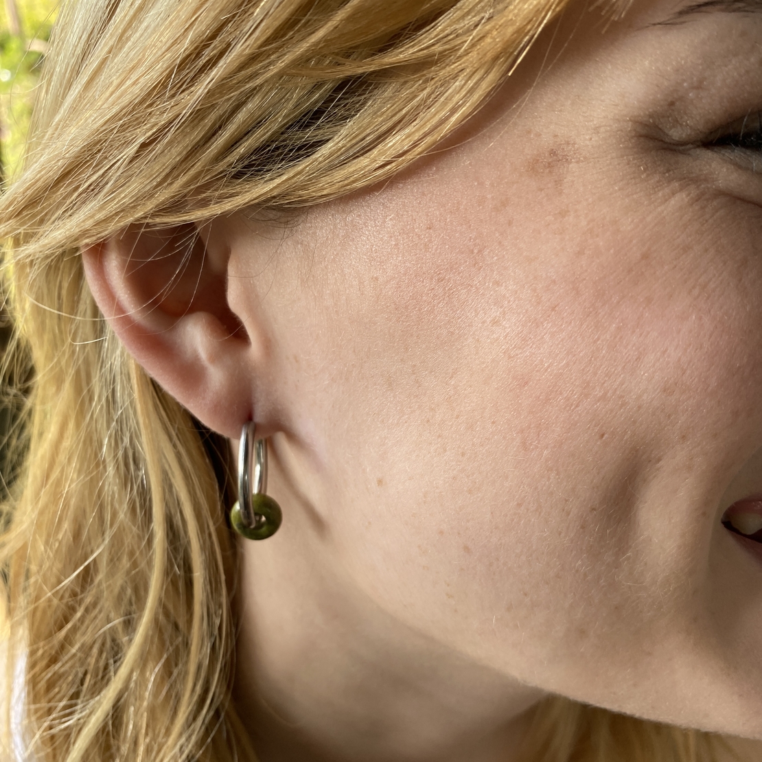 Silver plated hoop earrings with a stone bead - india green