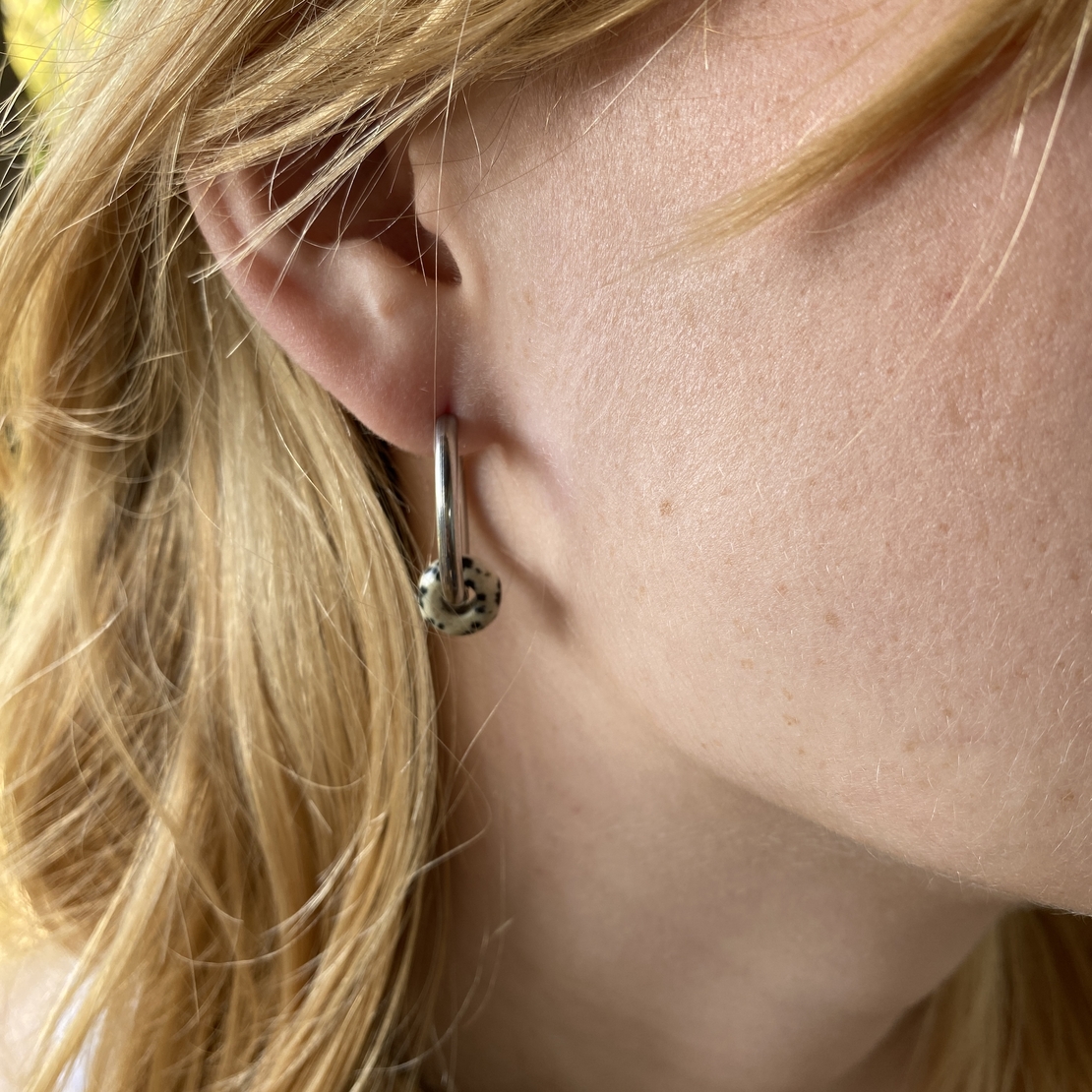 Gold plated hoop earrings with a stone bead - dalmatian