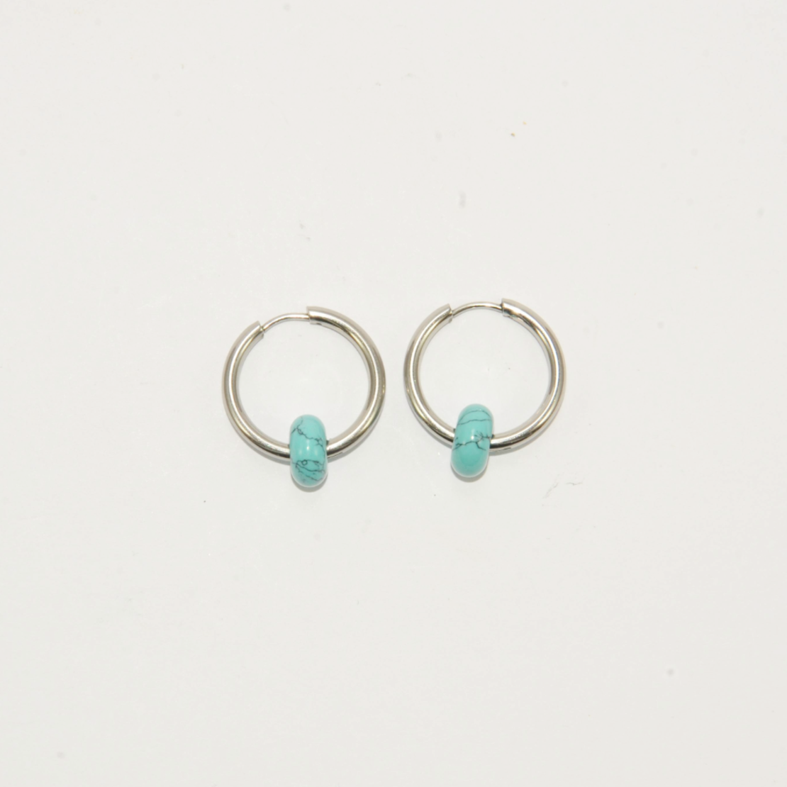 Silver plated hoop earrings with a stone bead - turquoise