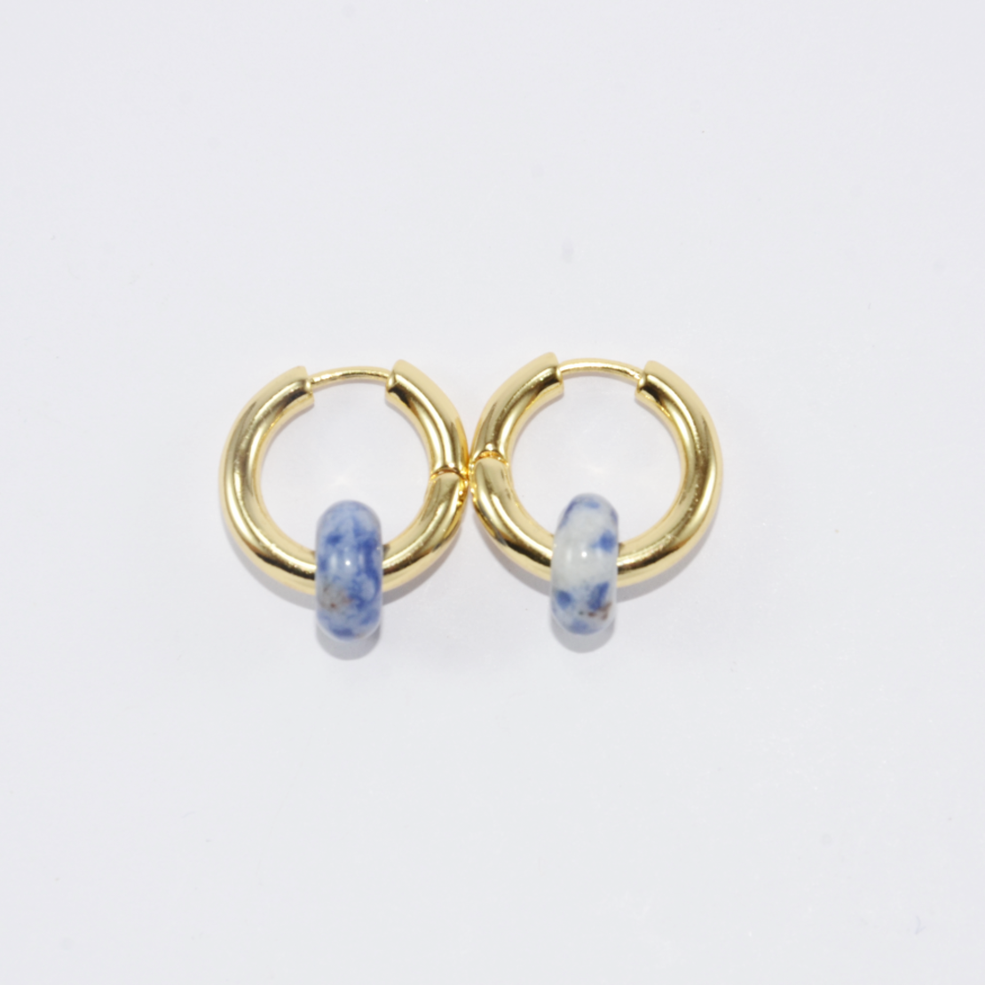 Gold plated hoop earrings with a stone bead - sky blue