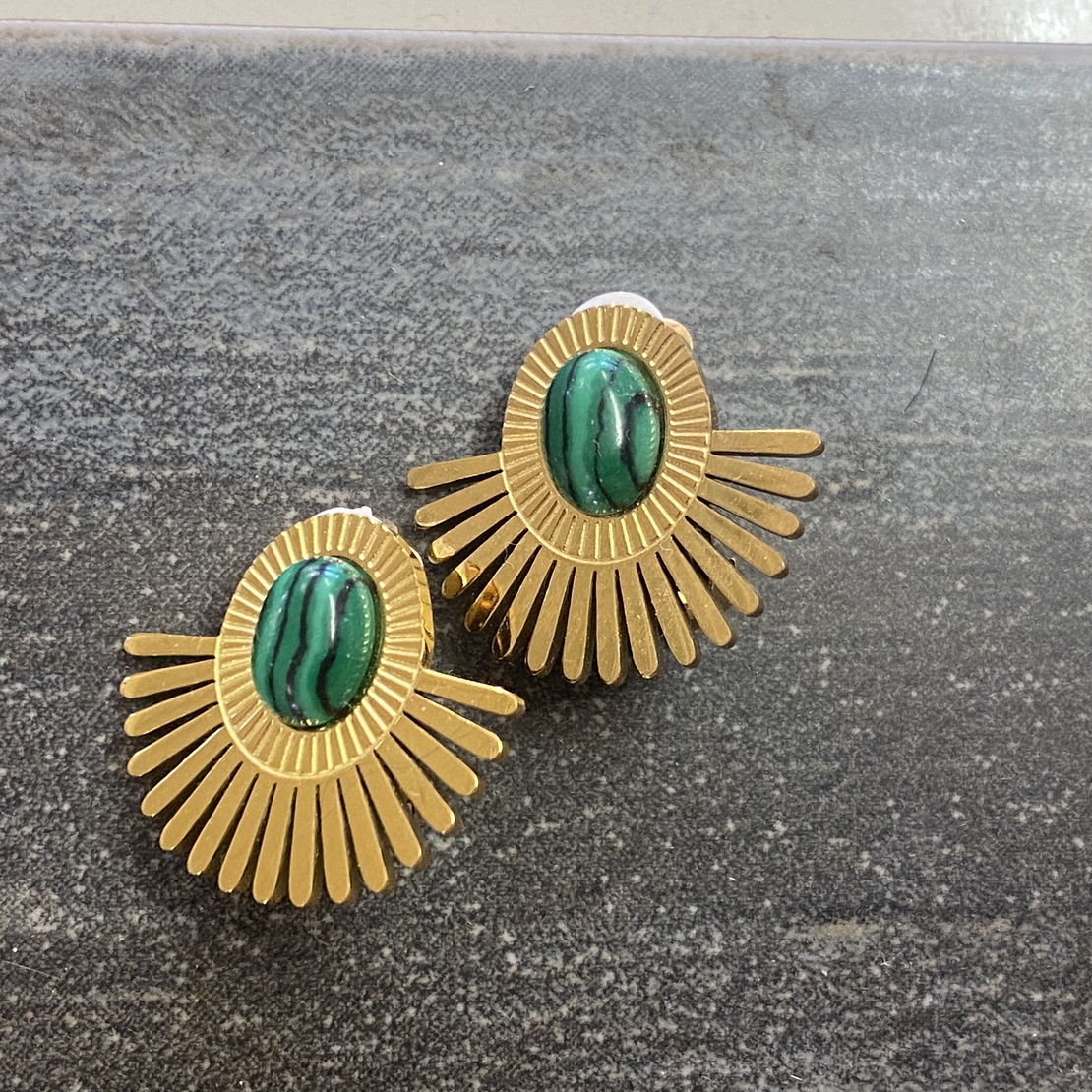 Clip earrings with green malachite stone