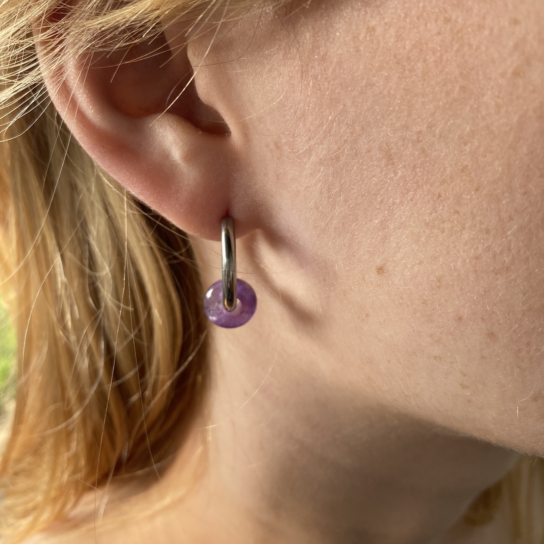 Silver plated hoop earrings with a stone bead - amethyst