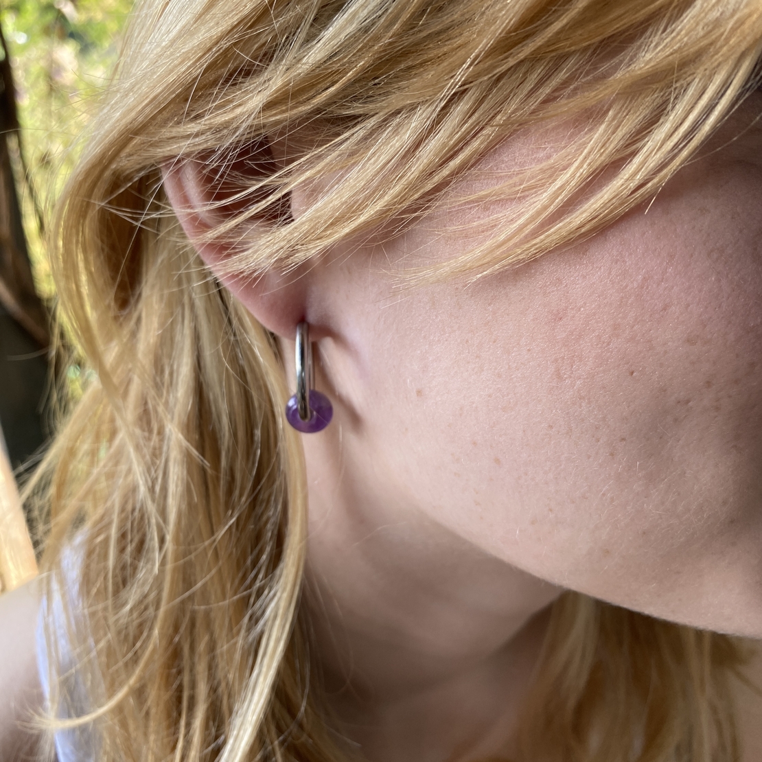 Silver plated hoop earrings with a stone bead - amethyst