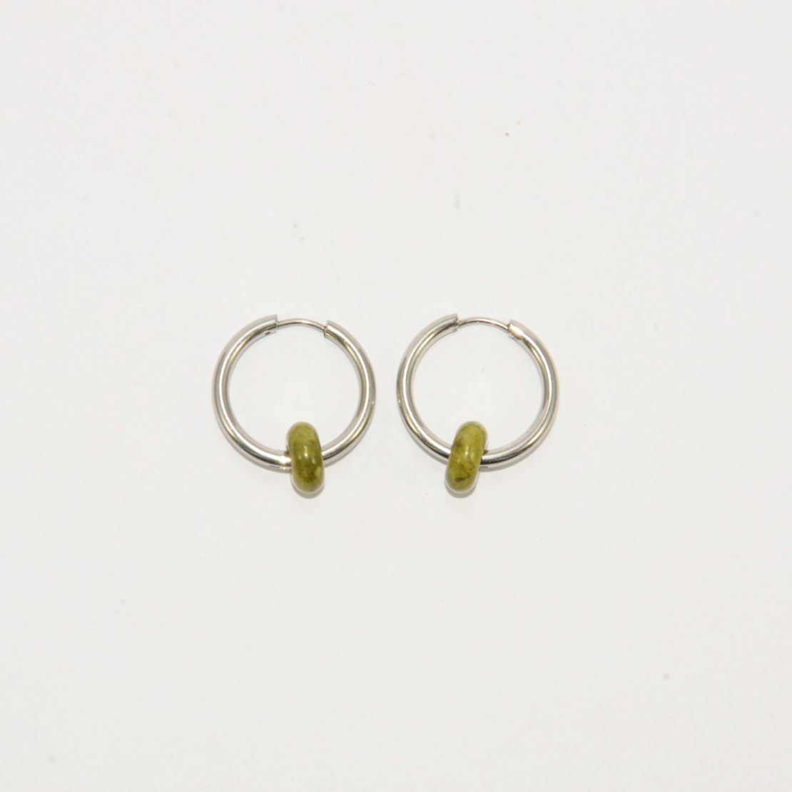 Silver plated hoop earrings with a stone bead - india green