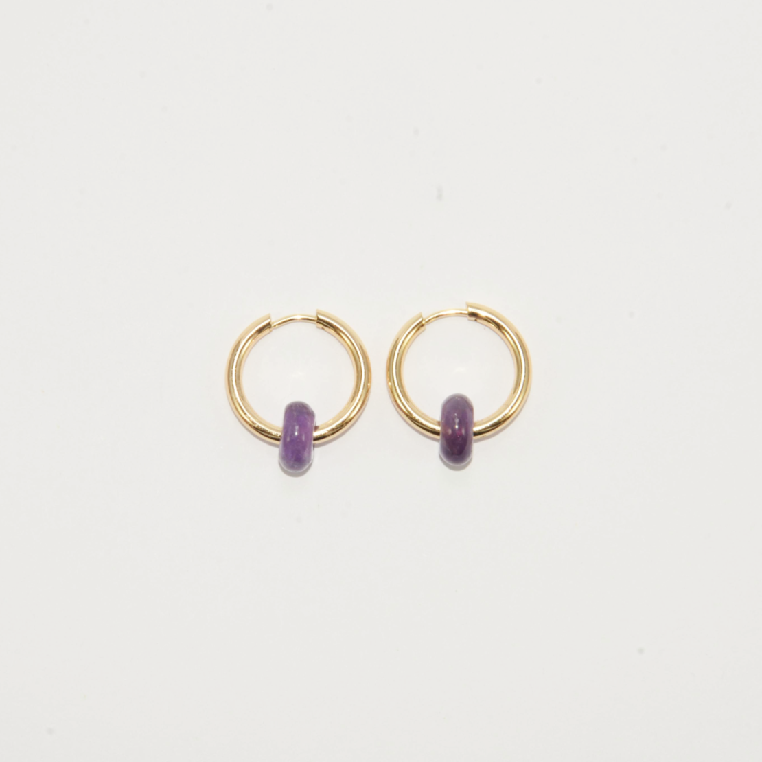 Gold plated hoop earrings with a stone bead - amethyst