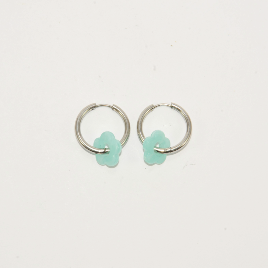 Silver plated hoop earrings with a stone bead - light blue flower